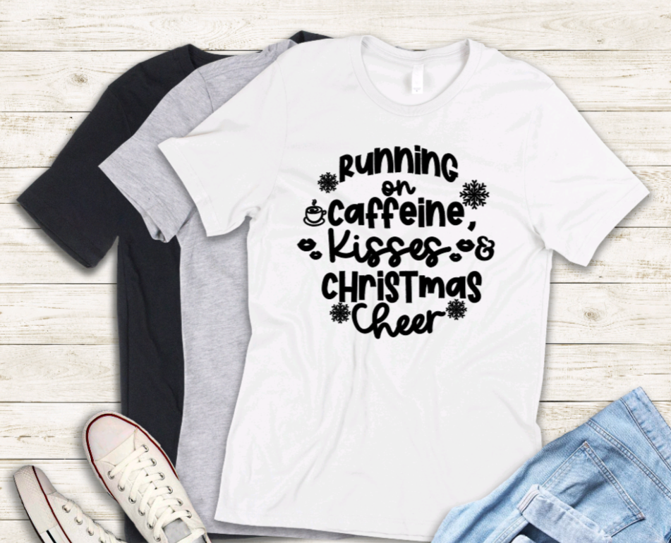 Running on caffeine, kisses & christmas cheer adult t-shirt