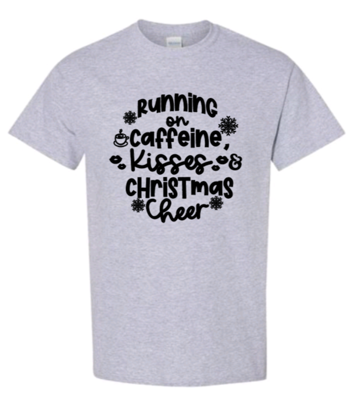 Running on caffeine, kisses & christmas cheer adult t-shirt