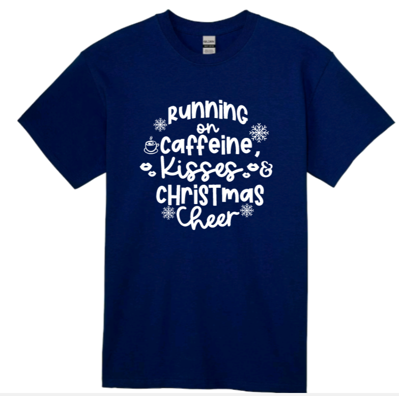 Running on caffeine, kisses & christmas cheer adult t-shirt