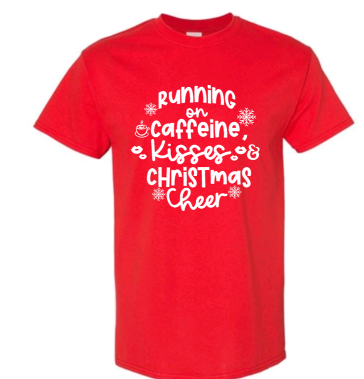 Running on caffeine, kisses & christmas cheer adult t-shirt