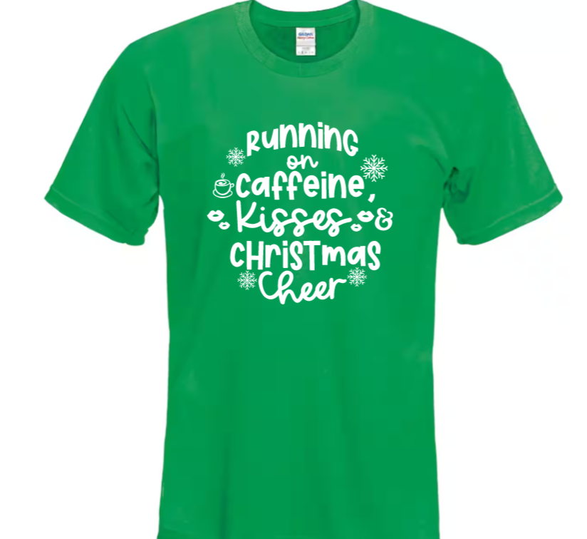 Running on caffeine, kisses & christmas cheer adult t-shirt