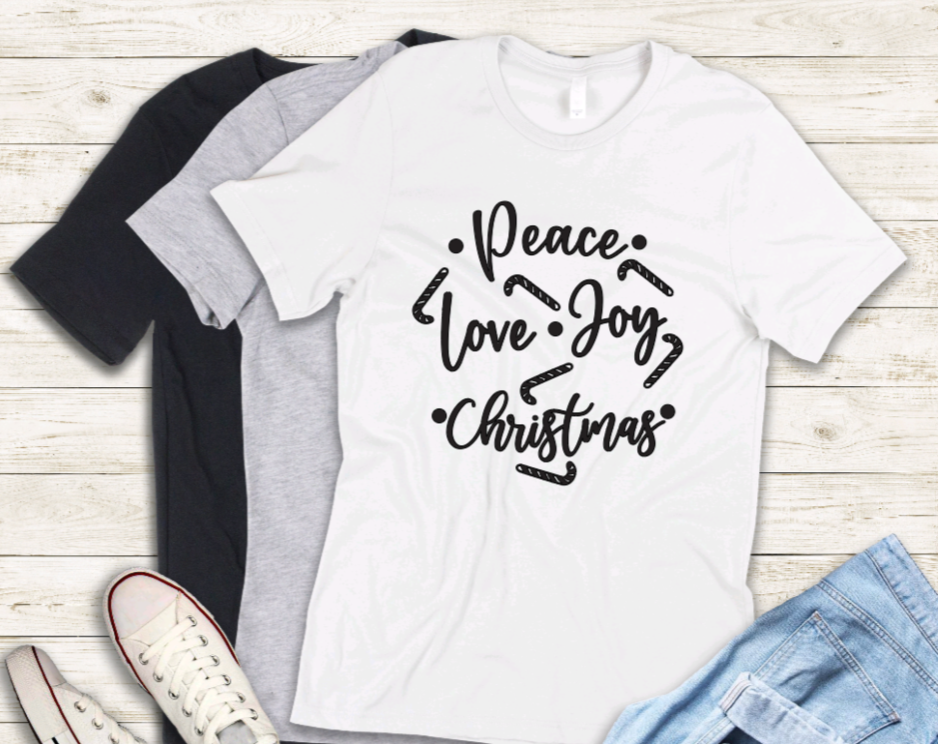 Peace, love, joy, and christmas adult t-shirt