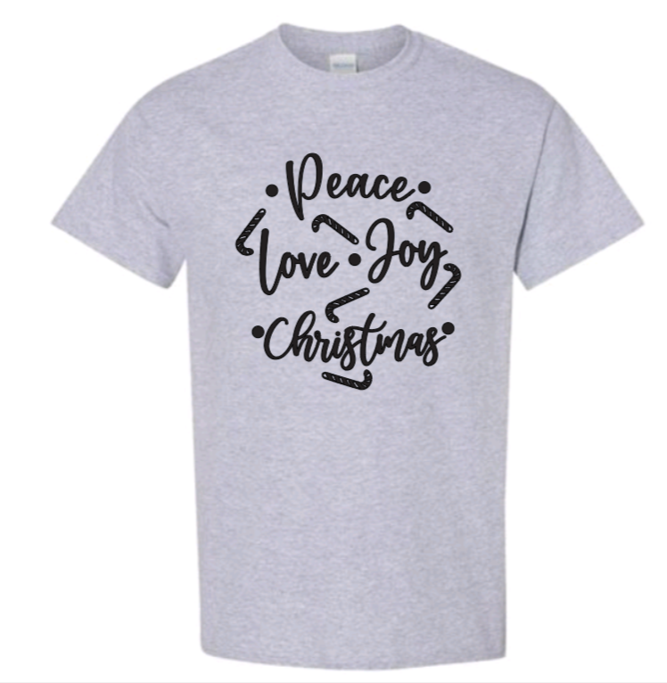 Peace, love, joy, and christmas adult t-shirt