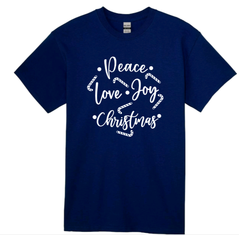Peace, love, joy, and christmas adult t-shirt