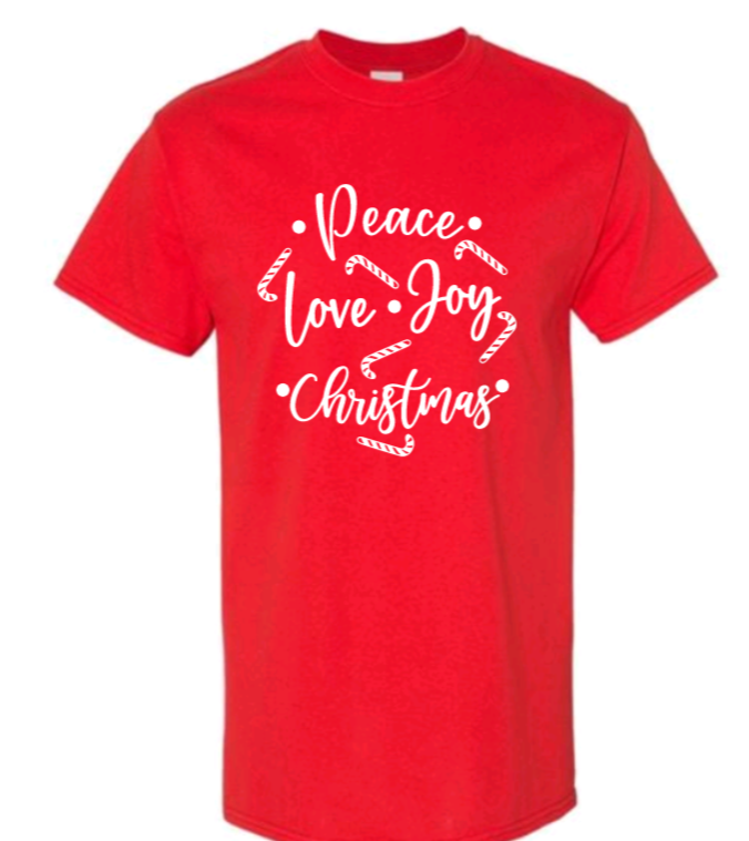 Peace, love, joy, and christmas adult t-shirt