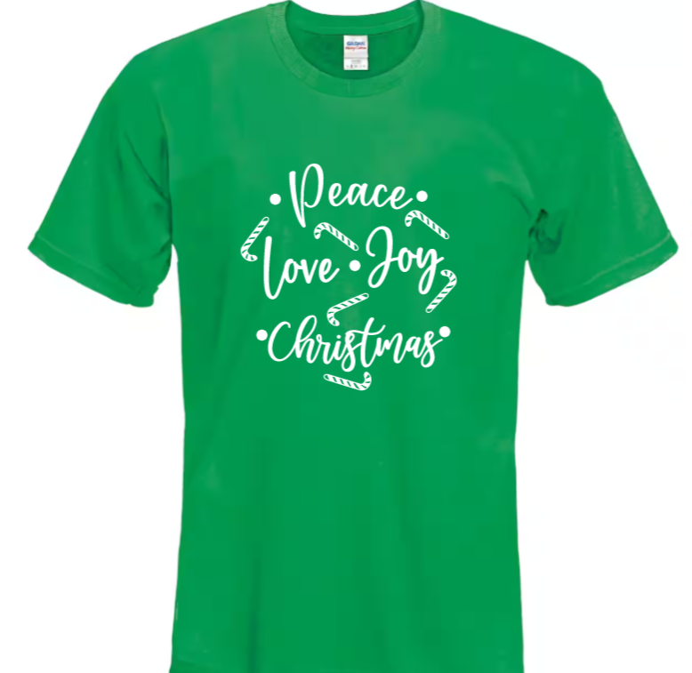 Peace, love, joy, and christmas adult t-shirt