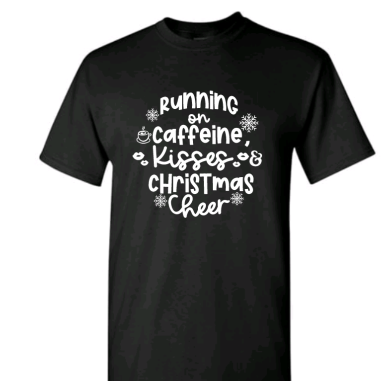 Running on caffeine, kisses & christmas cheer adult t-shirt