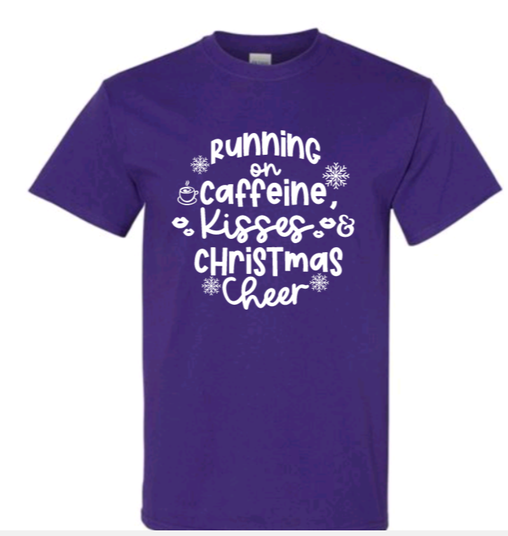 Running on caffeine, kisses & christmas cheer adult t-shirt