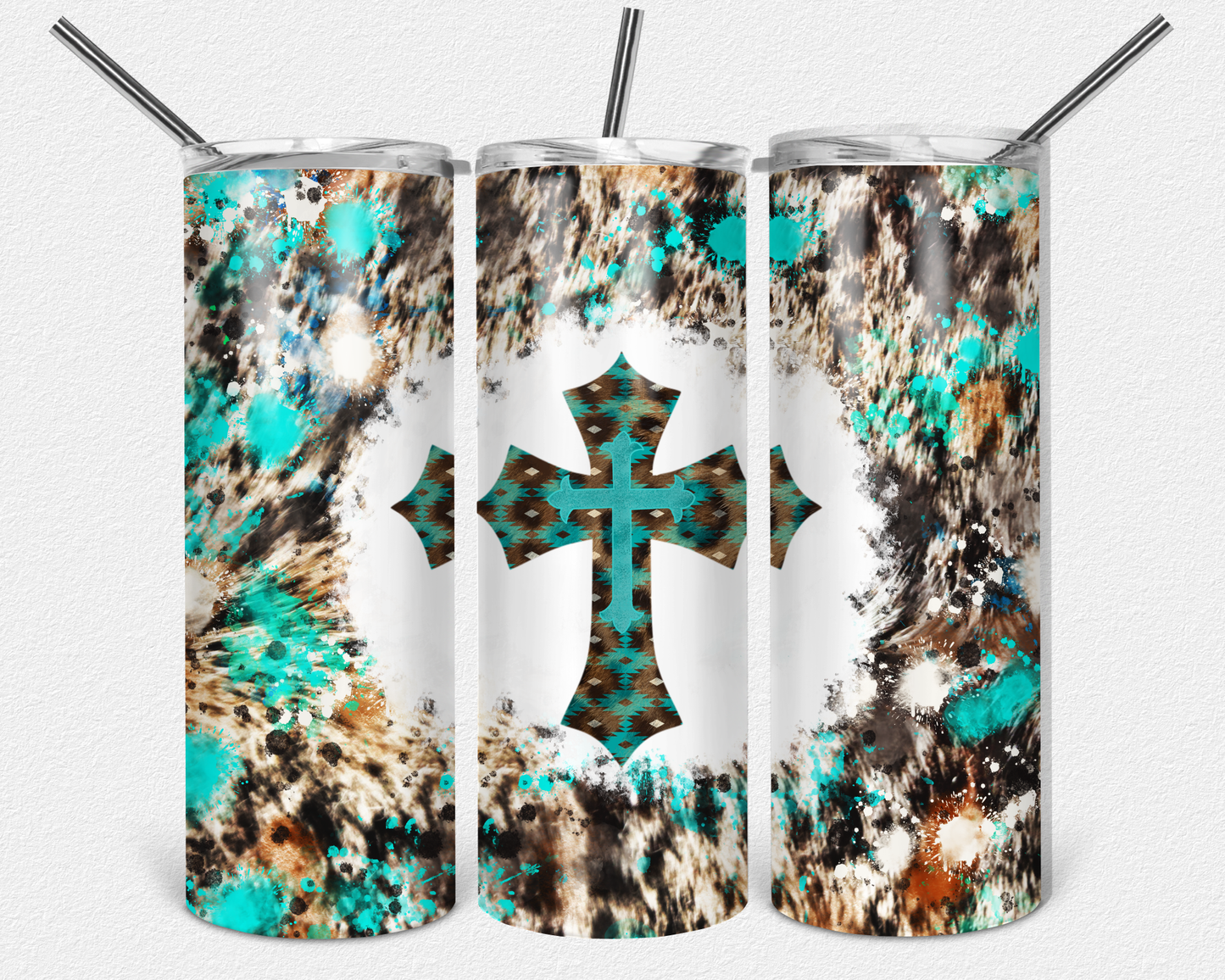 Cowhide and Turquoise Cross 20oz Skinny Tumbler