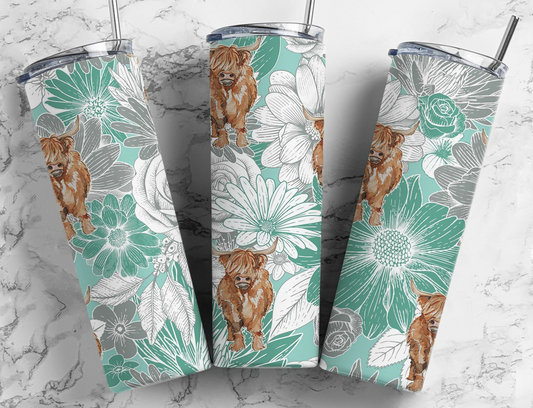 Highland cow floral 20oz Skinny Tumbler