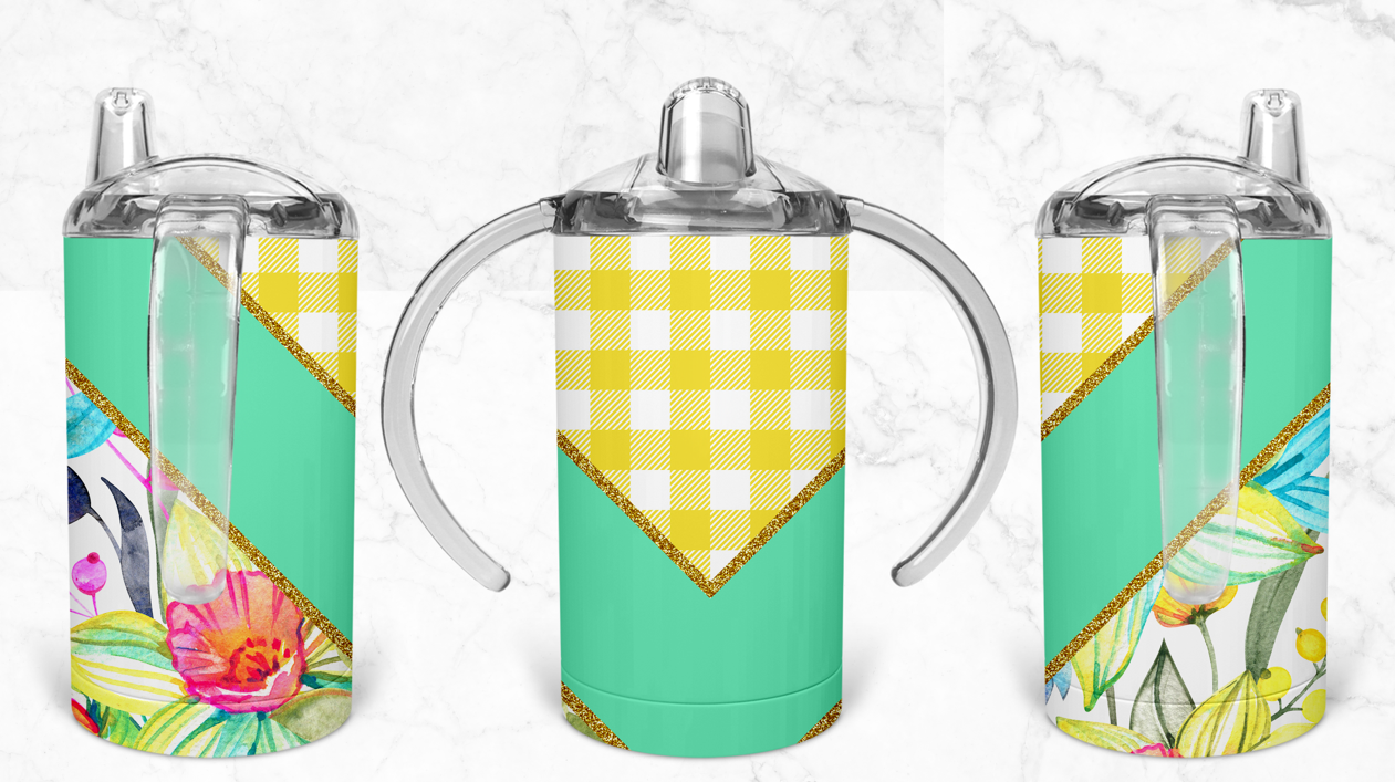 12oz Yellow checkered, blue, and floral Kids Skinny Tumbler