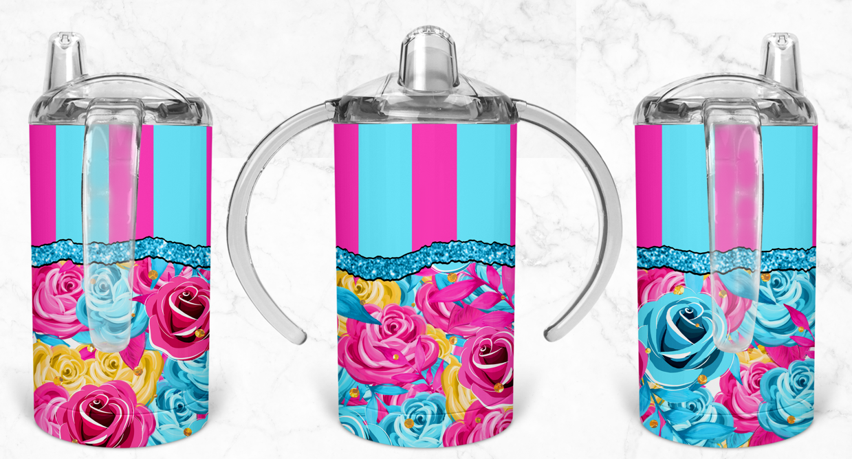 12oz Blue and Pink Stripes Floral Kids Skinny Tumbler