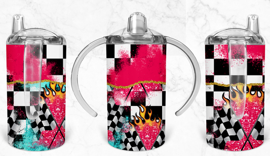 12oz Pink Race Flames and Checkered Kids Skinny Tumbler