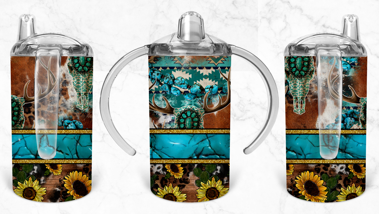 12oz Turquoise Cow Skull and Sunflowers Kids Skinny Tumbler