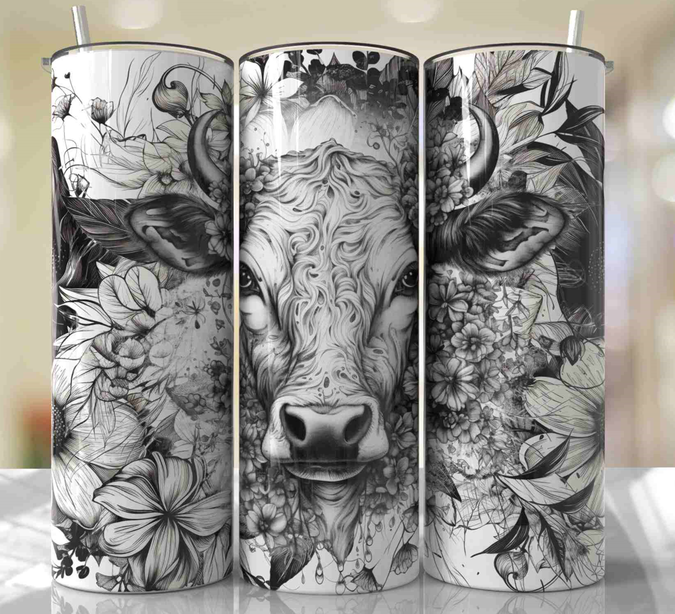 Black floral cow 20oz Skinny Tumbler